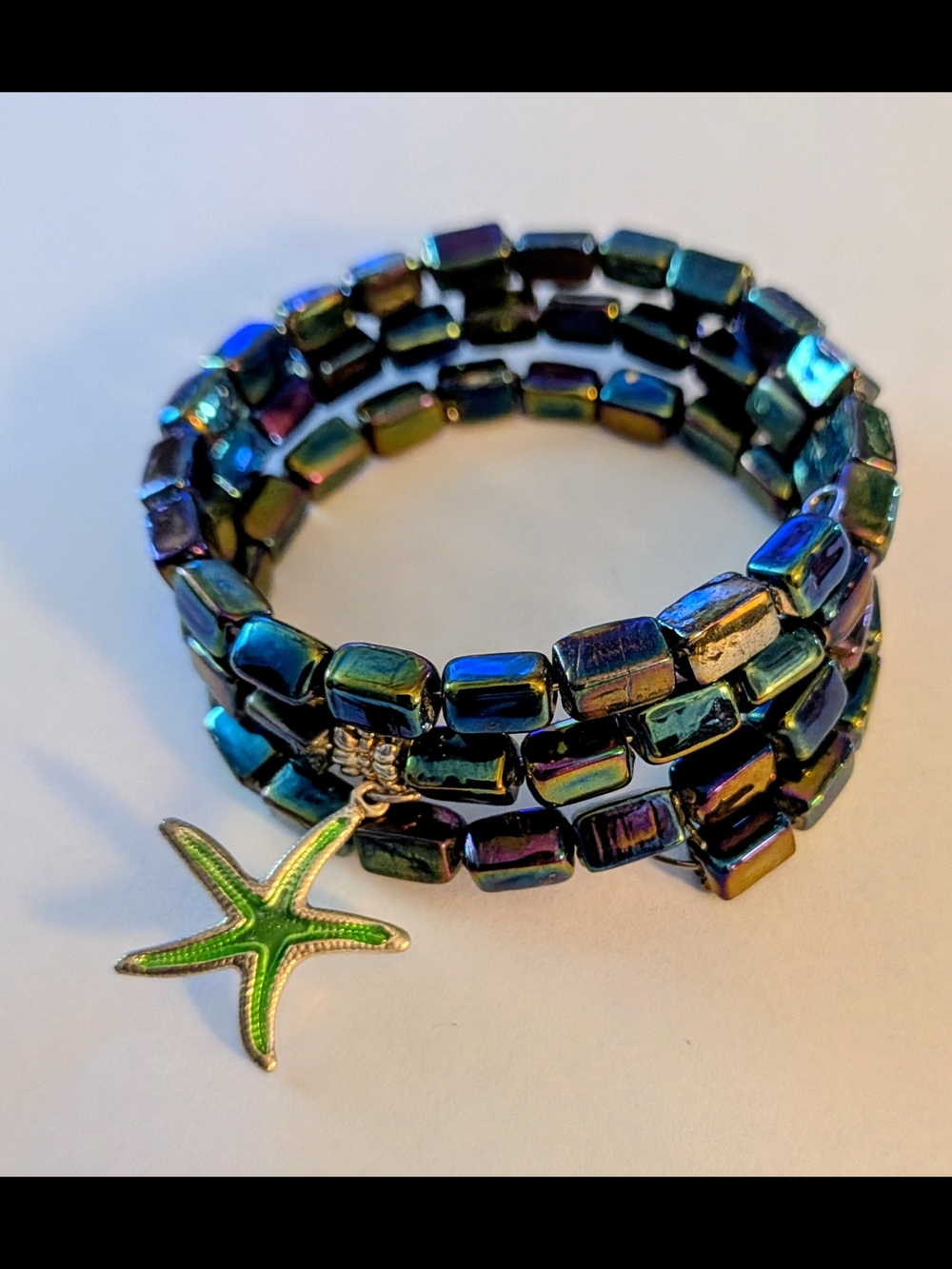 Iridescent Multicolor Beaded Wrap Bracelet with Green Starfish Charm